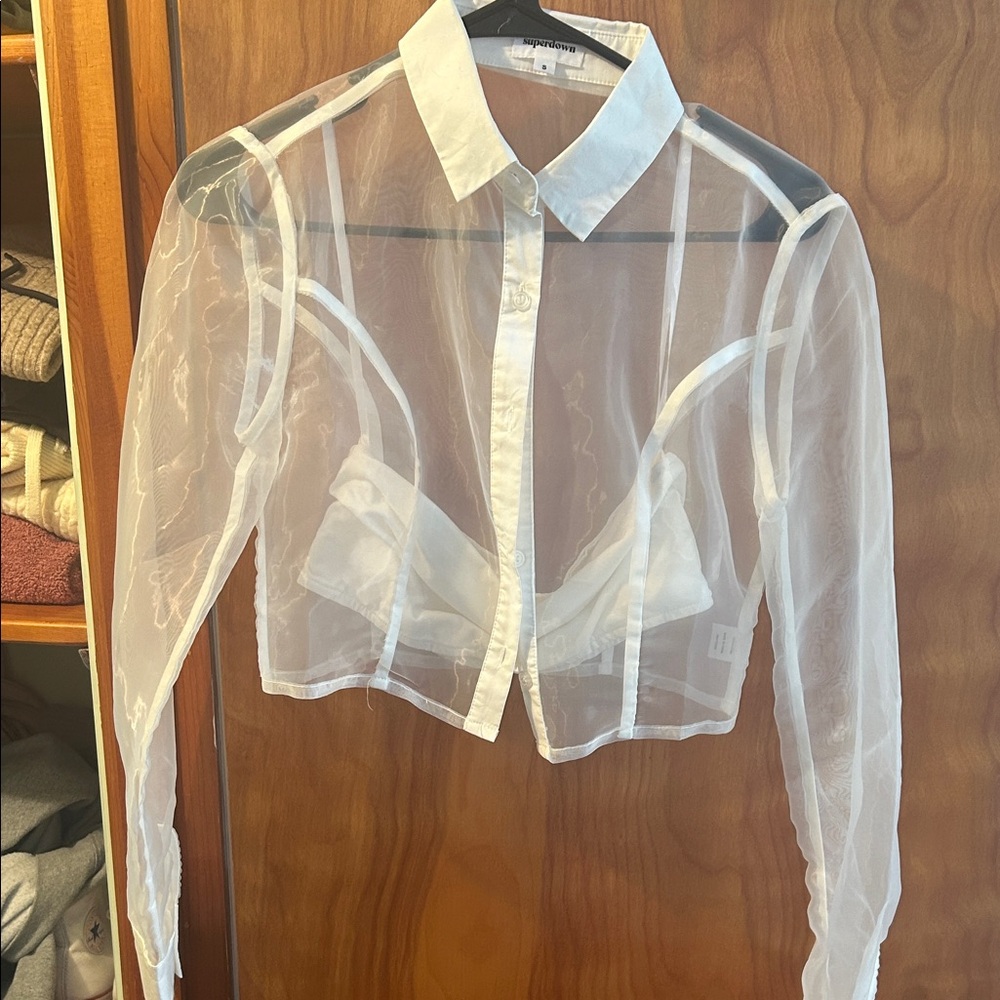 Superdown Transparent White Button-Down Crop Shirt - image 3